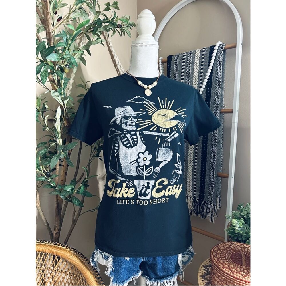 Boho Skeleton Graphic Tee “Take It Easy” Black Short Sleeve Casual T-Shirt